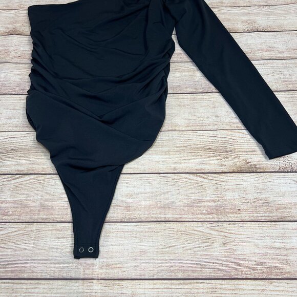 Abercrombie & Fitch Black One Shoulder Bodysuit Size M Long Sleeve Ruched - Picture 11 of 11